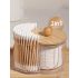 2-in-1 Cotton Swab & Makeup Pad Organizer with Wooden Lid – Dual Compartment Bathroom Storage for Buds, Pads & Beauty Blenders – Space-Saving Vanity Organizer, Clear Design
